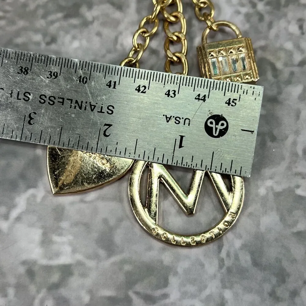 Michael Kors MK Gold Tone Charm Keychain Pave Heart Padlock Purse Charm